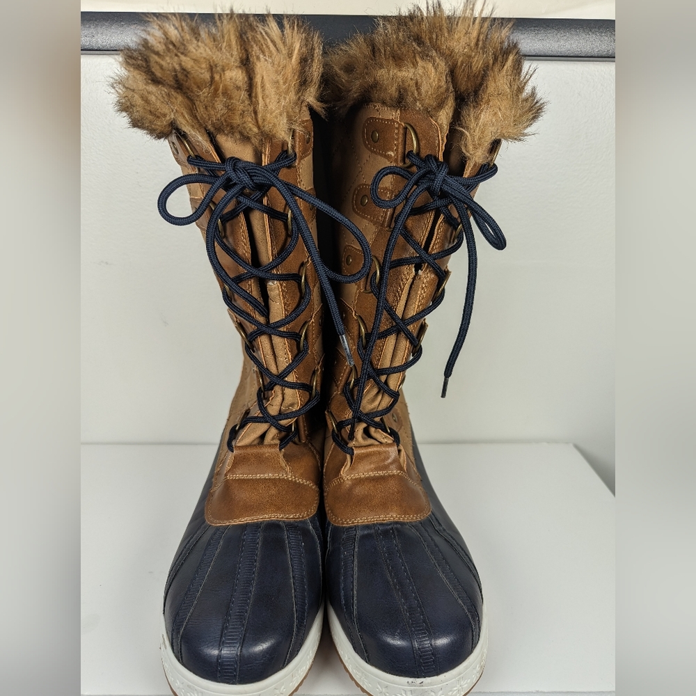 JustFab Duck Boots Faux Fur Blue Brown Lace-Up Women’s 9